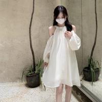 ราคา Korean ชุดเดรสแขนยาวจั๊มพองๆ เปิดไหล่ คอผูกโบว์หลัง 2 สี มีซับใน (19433086427)