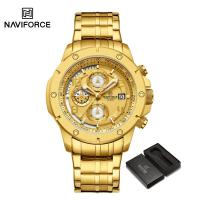 ราคา NAVIFORCE Men Waterproof Watch Original Stainless Steel Watch Gold Chronograph Calendar and Luminous Display (22176189716)