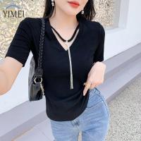 ราคา YIMEI เสื้อยืดผู้หญิงทรงสลิมฟิตเสื้อยืดสีดำบางเสื้อยืด2023ผู้หญิงสวยใส่หน้าร้อนสายโซ่เสื้อคอวีคอตตอนใหม่ดีไซน์แฟชั่นเซ็กซี่และระวังเครื่องปักลูกไม้ด้านหลัง (19192140407)