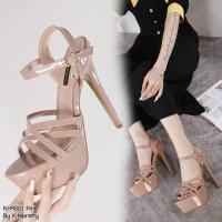 ราคา รองเท้าส้นสูง 6 นิ้ว เสริมหน้า 2 นิ้ว เปิดหลังส้น รัดข้อ สานหน้า (22228577166)