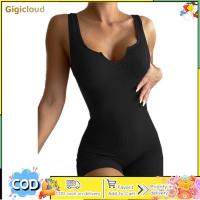 ราคา Women Ribbed Yoga Rompers Solid Color V Neck Sleeveless Bodycon Shorts Jumpsuits Sports Bodysuit (21729971372)