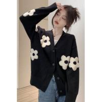 ราคา เสื้อคาร์ดิแกนผ้าถักลายดอกไม้สีดำสำหรับผู้หญิงแบบใหม่ฤดูใบไม้ผลิและฤดูใบไม้ร่วงปี2024เสื้อตัวนอกไหมพรมแนววินเทจสไตล์ชิวๆดูแพงดูดีสุดๆ (21882599075)