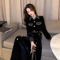 ราคา 2Pc Female Autumn Dress High end Waist Slimming Long Sleeve Black Velvet Long Skirt Solid Color Loose Fashion Dress (21834929154)