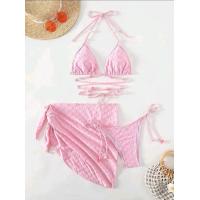 ราคา bikiniพร้อมส่ง ชุดว่ายน้ำ3ชิ้น สีชมพู ลายดอกไม้ ผูกคอ รุ่นใหม่ ชุดไปทะเล 0178 (21987508439)