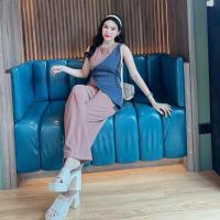 ราคา ชุดเซตผ้าวูลเวฟทรูโทน เสื้อแขนกุดทรูโทน กางเกงขายาวแต่งป้ายหน้า ข6 A3997 (21945707514)