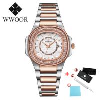 ราคา WWOOR นาฬิกาข้อมือผู้หญิงแท้นาฬิกากันน้ำหรูสีชมพูนาฬิกาสายสแตนเลสสีโรสโกลด์ 8874 (19633112121)