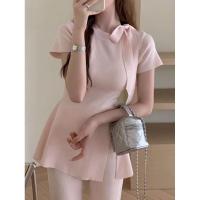 ราคา 18CX79 เสื้อยืดไหมพรม คอกลม แขนสั้น ดีเทลปลายปล่อย โบว์ผูก ใส่ง่าย (21946775290)