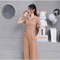 ราคา ชุดเซ็ทผู้หญิง ชุดเว็ทเสื้อเปิดเอวกางเกงขายาว เสื้อครอปแขนสั้น เชือกรูดข้าง เอวลอย กางเกงขายาว TZ818 (21782972516)