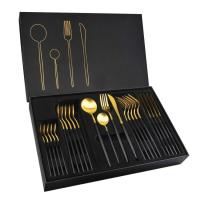 ราคา 1024ชุดช้อนส้อมสีดำทอง24ชิ้นชุด Flatware พร้อมบริการกล่องของขวัญสำหรับ6ท่านชุดเครื่องเงินสแตนเลสคุณภาพสูงชุดช้อนส้อมขัดกระจกดีไซน์หรูหรา (20732867503)