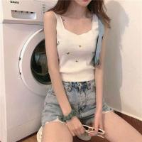 ราคา Aone พร้อมส่ง ใหม่ 32008 เสื้อกล้ามไหมพรมลายดอกคอเหลี่ยมทรงรัดรูปสไตล์เกาหลีแขนกุดสำหรับผู้หญิง (4530244165)