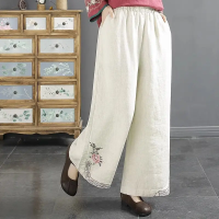 ราคา กางเกงขากระฝ้ายลินินระบอกทรงหลวมเอวยางยืดสำหรับผู้หญิง กางเกงขากระบอกสไตล์วินเทจปักลายแฟชั่นฤดูใบไม้ผลิใหม่ (21935441818)