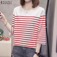 ราคา ZANZEA Korean Style Womens Blouse New Fashion Summer 3 4 Sleeve Round Neck Stripe Knitted Shirts Top 10 (22150632115)