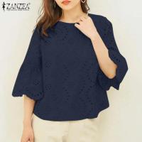 ราคา ZANZEA Korean Style Womens Blouse Commute 3 4 Sleeve Round Neck Lace Patchwork Top Pullover 11 (21694449772)