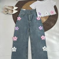 ราคา กางเกงยีนส์ทรงกระบอกขายาวปักดอกไม้เกสรเพชรสีพาสเทล (21620029212)