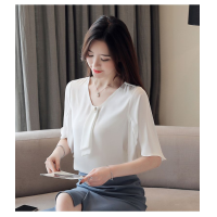 ราคา เสื้อสตรีแขนยาวคอวีผ้าชีฟองลำลองฤดูร้อนแขนพองธรรมดา (21569455078)