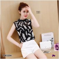 ราคา TW3204 เซท เสื้อแขนกุดพิมพ์ลายใบไม้ กับดอกไม้ กางเกงขาสั้น (1738112758)
