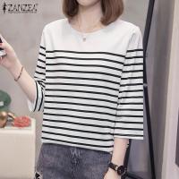 ราคา ZANZEA Korean Style Womens Blouse New Fashion Summer 3 4 Sleeve Round Neck Stripe Knitted Shirts Top 10 (22150632124)