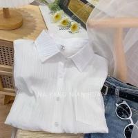 ราคา เสื้อเชิ้ตผู้หญิงอัดพลีท ผ้าคอตตอนลินิน คอปก แขนยาว oversize ทรงหลวม ใส่สบาย (22420533998)