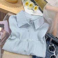 ราคา เสื้อเชิ้ตผู้หญิงอัดพลีท ผ้าคอตตอนลินิน คอปก แขนยาว oversize ทรงหลวม ใส่สบาย (22420533997)