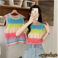 ราคา เสื้อกล้าม เสื้อสายเดี่ยวถัก สีรุ้ง ขอบจั้๊ม ใส่ไปทะเล 1902132 (21603875861)