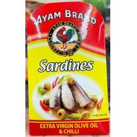 ราคา ปลาซาร์ดีน ในน้ำมันมะกอก น้ำมันมะกอกผสมพริก ตราอะยัม น้ำหนักสุทธิ120กรัม น้ำหนักเนื้อ78กรัม 1กระป๋อง ไม่ใส่ผงชูรส ไม่ใส่วัตถุกันเสีย (18595064835)