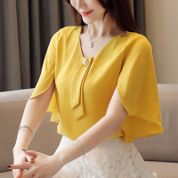 ราคา เสื้อสตรีแขนยาวคอวีผ้าชีฟองลำลองฤดูร้อนแขนพองธรรมดา (21569455070)