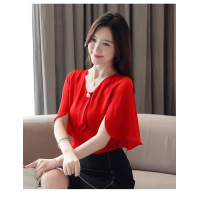 ราคา เสื้อสตรีแขนยาวคอวีผ้าชีฟองลำลองฤดูร้อนแขนพองธรรมดา (21569455067)