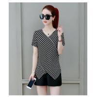 ราคา เสื้อยืดเกาหลี คอวี แขนยาว แขนสั้น ลายทาง ดีไซน์ผ้าไขว้ทับด้านหน้า เสื้อยืดเกาหลี ชุดทำงาน (21895616810)