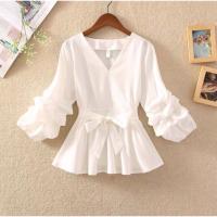 ราคา เสื้อคอวี แขนพอง แขนหนอน แขนขนมชั้น มีโบว์ผูกหน้า (7670450971)