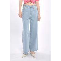 ราคา f fashion กางเกงยีนส์ทรงขากว้าง ผู้หญิง สีน้ำเงิน Wide Leg Denim Trousers with Lion Head Buckle 06383 (21474267426)