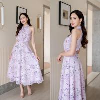 ราคา PD227 MIDI DRESS เดรสผ้าชีฟอง คอกลม แขนกุด ต่อขอบเอว กระโปรงบานย้วย (22246139982)