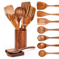 ราคา 9 PCS Wooden Spoons for Cooking Wooden Utensils for Cooking with Utensils Holder Teak Wooden Kitchen Utensils Set (18921855751)