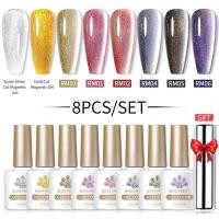 ราคา BORN PRETTY 8pcs set 10ml Rainbow Pink Glass Cat Eye Gel Polish Set Double Light Sparkle Glitter Gel Nail Varnis with Cat Eye Stick (21307035569)