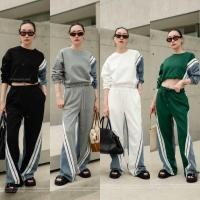 ราคา เซตวอร์ม 2 ชิ้น เสื้อครอปแขนยาว กางเกงขายาว แต่งแถบยีนส์ VSHOP (22310409812)