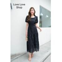 ราคา เดรสดำออกงาน M 4XL Maxi Dress เดรสสีดำผ้าคอตตอนฉลุลายแขนพอง งานป้าย Love love (20380576942)