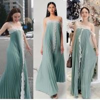 ราคา เดรสอัดพลีทหรูใส่ออกงาน ใส่เที่ยวทะเล สวยไฮโซ Showroom เดรสตัวยาวอัดพลีทสวยหรูตัดต่อสายเดี่ยวลูกไม้ไฮโซ (21764880008)