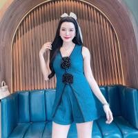 ราคา ชุดเซตผ้าเปลือกไม้ เสื้อทรงยาวแขนกุดแต่งดอกกุหลาบ3Dผ่าหน้า กางเกง ข3ข8 A4713 (22597678836)