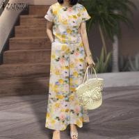 ราคา Celmia ZANZEA ชุดสองชิ้นสำหรับผู้หญิงใส่ในฤดูร้อนชุดแขนสั้นลายดอกไม้แฟชั่นเสื้อกางเกงขายาวชุดวอร์มชุดจั๊มสูทแบบกางเกงใส่ทำงาน 15 (21498711970)