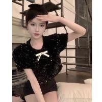 ราคา เสื้อทีเชิ้ตแขนสั้นติดโบว์ปักเลื่อมงานประณีตดูแพงแนวตะวันตกสไตล์ชาแนลเสื้อแบบสั้นสำหรับสาวแซ่บสุดหวาน (20336648768)