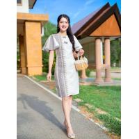 ราคา ชุดเดรสผ้าฝ้ายทอลายมัดหมี่ ผ้าชินมัย สีขาว ทรงผู้ดี น่ารัก (22315166644)