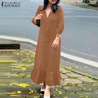 ราคา Celmia ZANZEA Womens Plain Midi Dress Casual Loose Ruffle Sundress Lantern 3 4 Sleeve V Neck Dresses 8 (20426330337)
