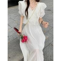 ราคา เดรสสีขาว เดรสจับจีบ แขนพอง คอวี สไตล์เรียบหรู (22352327592)