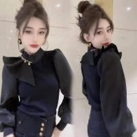 ราคา Long Sleeve Blouse Women Fashion Elegant Black Shirt Korean Style Slim Office Tops 2023 New (19898686945)