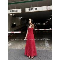 ราคา กระโปรงยาวกระโปรงผ่าข้างสีแดงสไตล์ฝรั่งเศสกระโปรงสายเอี๊ยมแฟชั่นใหม่ฤดูใบไม้ผลิ2024 (21815974594)