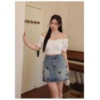 ราคา beautified กระโปรงยีนส์สั้นเองสูง เก็บพุงเก็บสะโพก ปักหัวใจ กระโปรงสาวอวบ (22162620197)