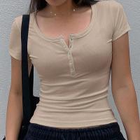 ราคา BRANCHÉ เสื้อยืดแขนสั้นคอตั้งธรรมดาเปิดอกเซ็กซี่ลำลองสไตล์เกาหลีเสื้อยืดเบดี้คอน24060163401 (22089314636)