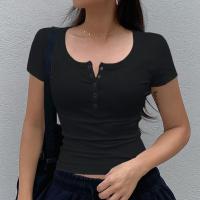 ราคา BRANCHÉ เสื้อยืดแขนสั้นคอตั้งธรรมดาเปิดอกเซ็กซี่ลำลองสไตล์เกาหลีเสื้อยืดเบดี้คอน24060163401 (22089314627)