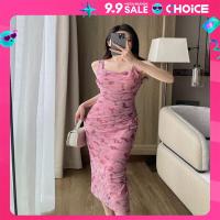 ราคา เดรสยาวสีชมพู เดรสออกงาน ลายดอกไม้ ผ้าชีฟอง กระโปรงยาว คอเหลี่ยม 8023 (22363945640)