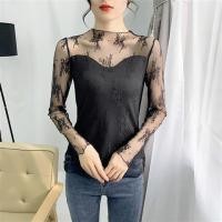 ราคา เสื้อเบลาส์เย็บปักขนาดใหญ่พิเศษลูกไม้สำหรับผู้หญิงผ้าตาข่ายคอสูงครึ่งเสื้อซับในแขนยาวแบบบางพอดี (21361247444)