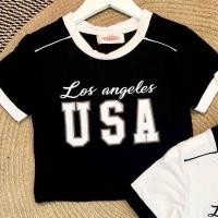 ราคา เสื้อครอปแขนสั้น สกรีนแต่ง USA ผ้าเรย่อน พร้อมส่ง (21472815693)